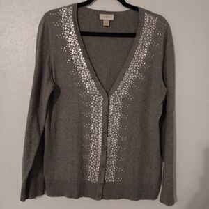Loft Lightweight Button-up Cardigan Women's Sz.L‎ Gray Long Sleeved Sequins